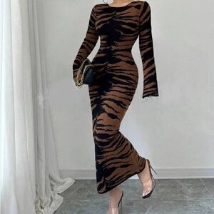 Luxe Zebra Print Long Sleeve Knit Sweater Dress
